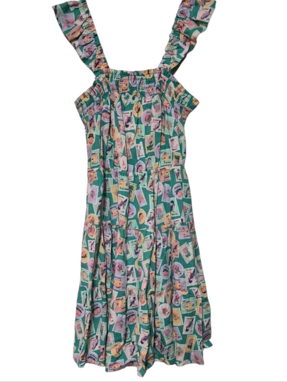 Copper Key Girls Postage Stamp Print Tiered Dress Size L 12/14 NWT